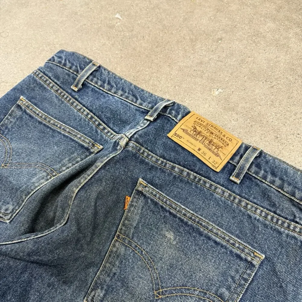 Vintage 90's Levi 550 Orange Tab Relaxed Fit Tapered Leg Dark Wash Jeans 36x32